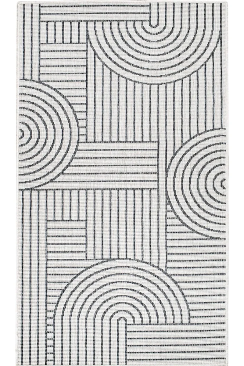 Tapis géométrique réversible gris et blanc d'intérieur et d'extérieur 80x150 cm