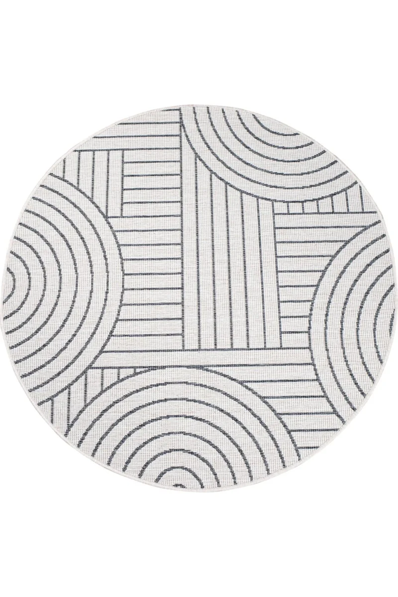 Tapis géométrique réversible rond gris et blanc d'intérieur et d'extérieur 120 cm de diamètre