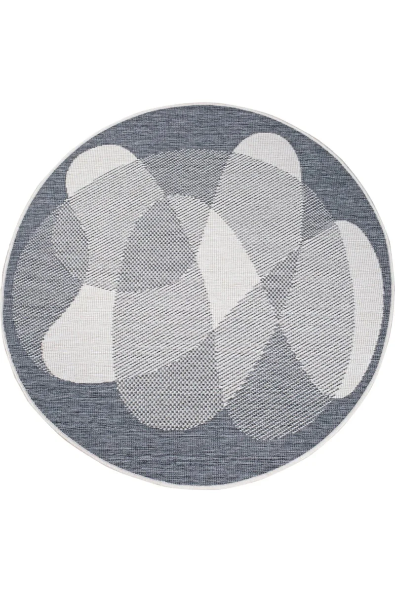 Tapis moderne motif abstrait réversible rond gris et blanc d'intérieur et d'extérieur 120 cm de diamètre