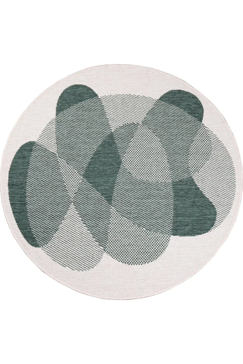 Tapis moderne motif abstrait réversible rond vert et blanc d'intérieur et d'extérieur 120 cm de diamètre