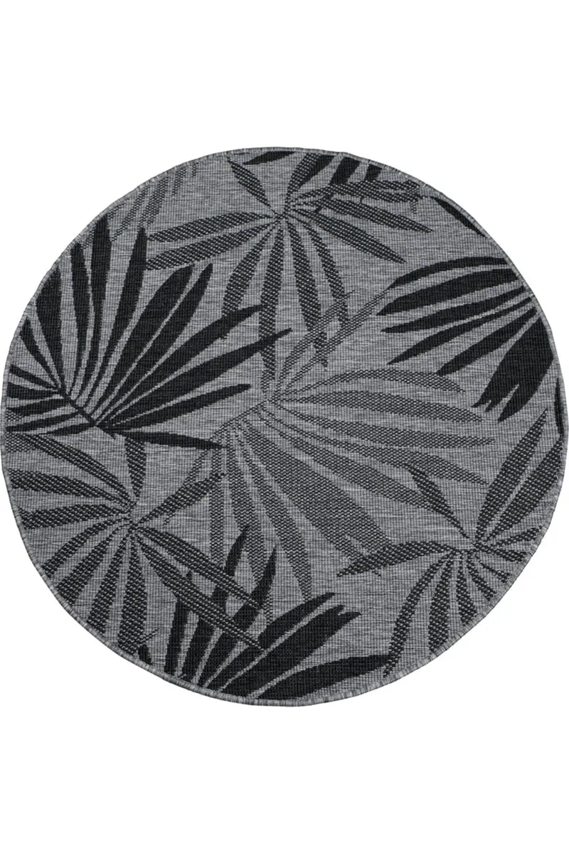 Tapis moderne motif feuillage réversible rond gris foncé d'intérieur et d'extérieur 160 cm de diamètre