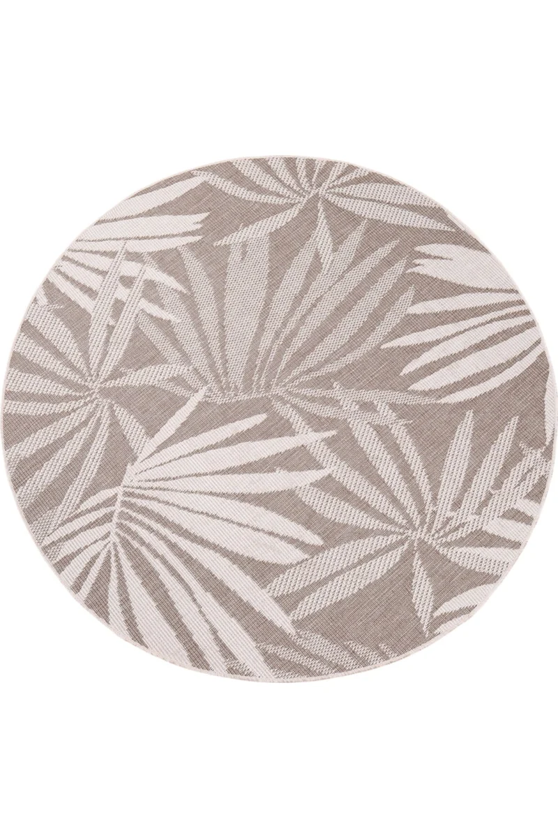 Tapis moderne motif feuillage réversible rond beige lin d'intérieur et d'extérieur 120 cm de diamètre