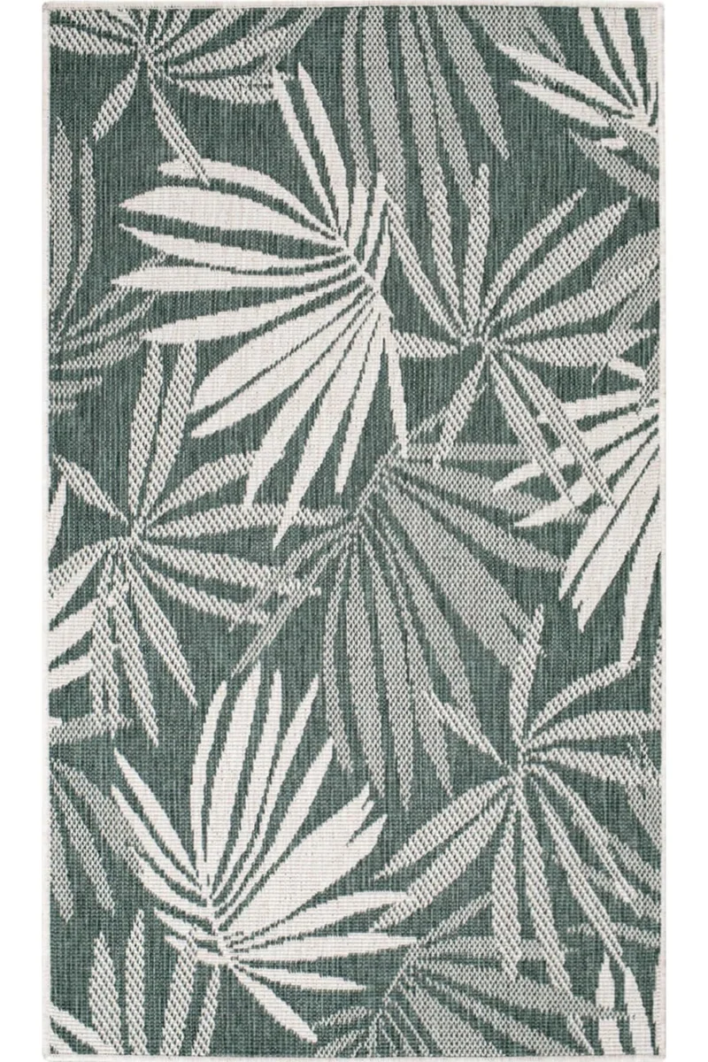 Tapis moderne motif feuillage réversible vert et blanc d'intérieur et d'extérieur 80x150 cm