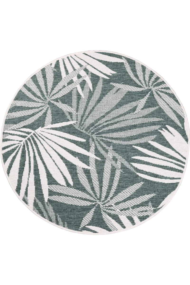 Tapis moderne motif feuillage réversible rond vert et blanc d'intérieur et d'extérieur 160 cm de diamètre