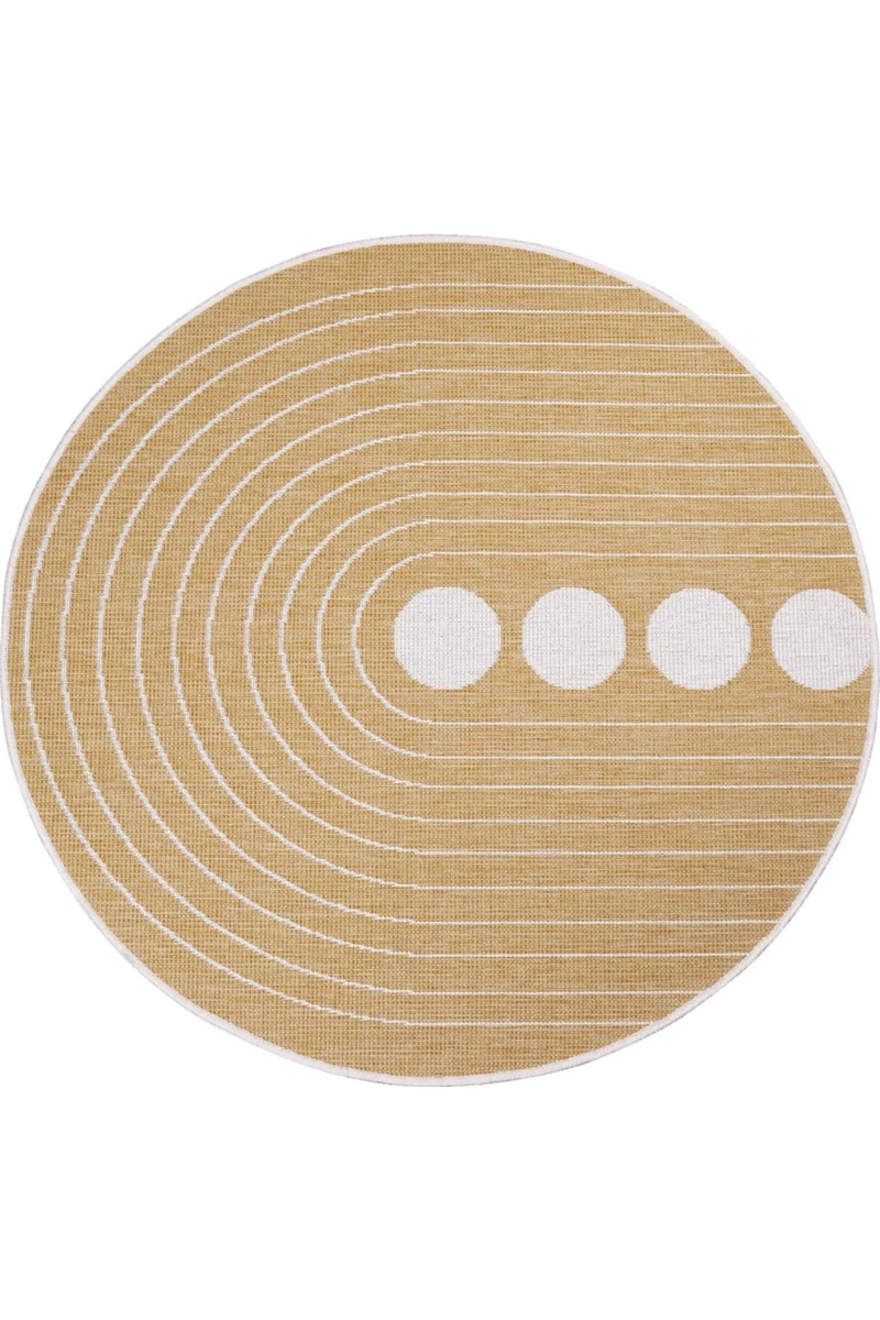 Tapis design réversible rond jaune moutarde et blanc d'intérieur et d'extérieur 160 cm de diamètre