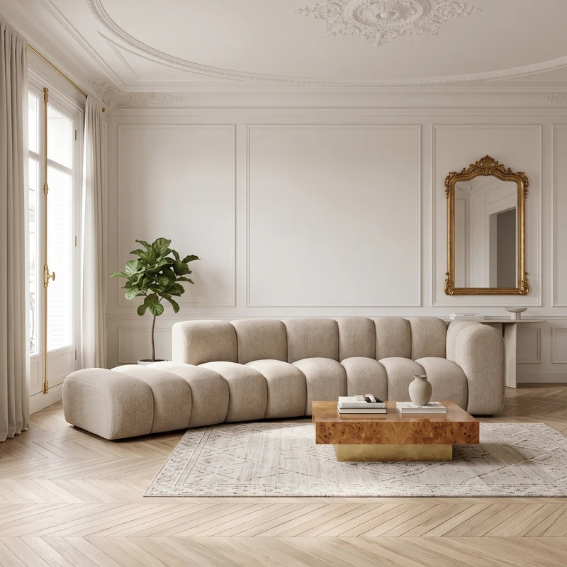 Canapé d'angle MICADONI Lupine 5 places en tissu chenille beige foncé