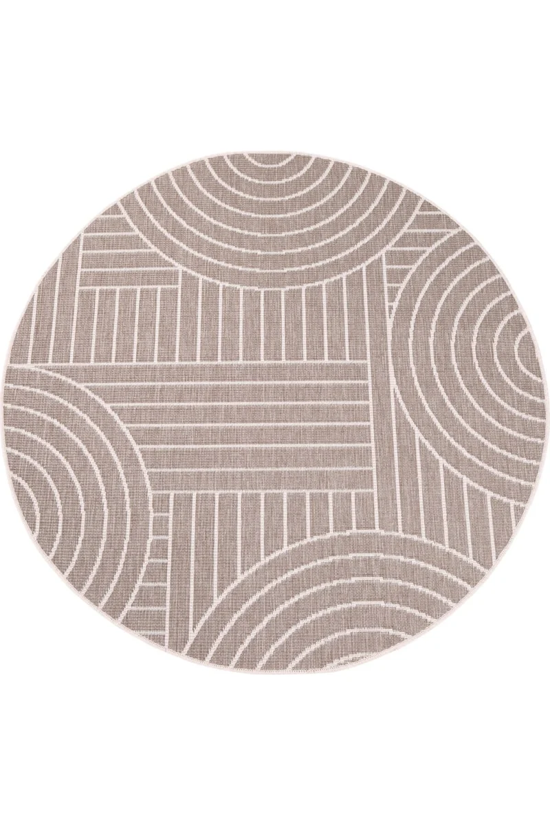 Tapis géométrique réversible rond beige lin d'intérieur et d'extérieur 120 cm de diamètre