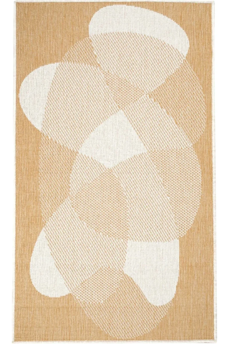 Tapis moderne motif abstrait réversible jaune moutarde et blanc d'intérieur et d'extérieur 80x150 cm