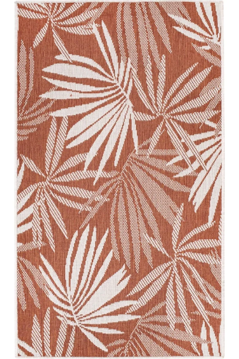 Tapis moderne motif feuillage réversible terracotta et blanc d'intérieur et d'extérieur 80x150 cm