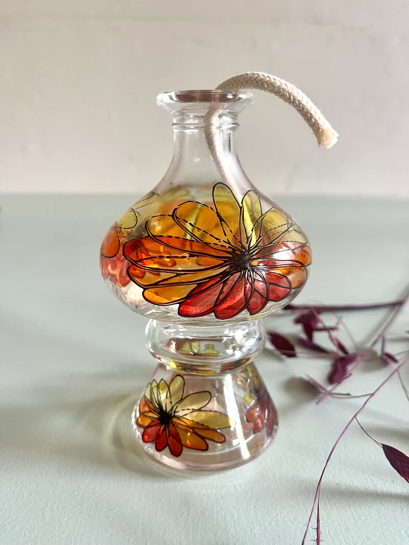 Lampe à huile en verre fleurs orange