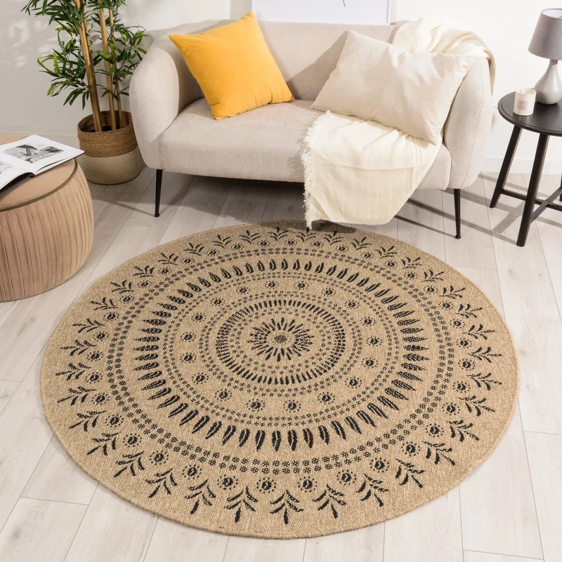 NATURE - Tapis rond effet jute naturel à motifs orientaux noirs - NAT8874NOI