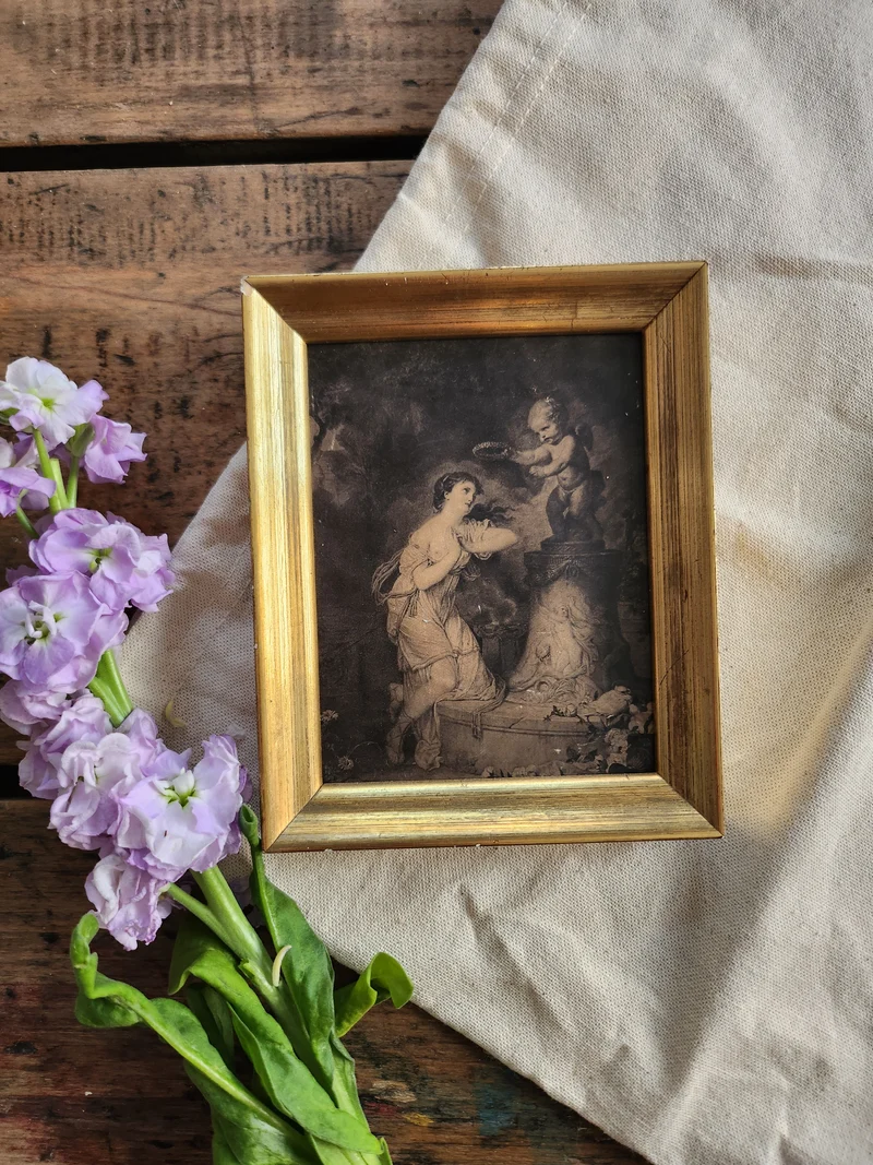 Cadre doré avec gravure "les hasards heureux de l’escarlopette"