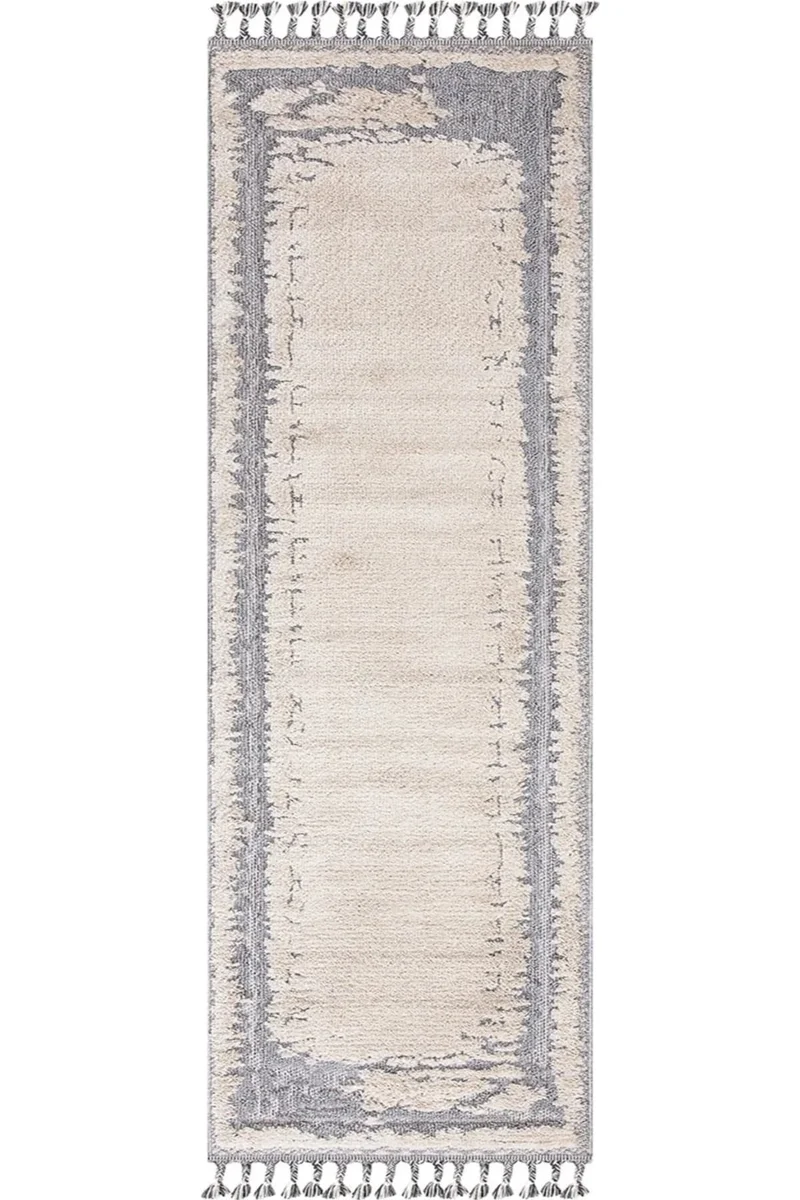 Tapis vintage à franges de couloir gris et beige 80x300 cm
