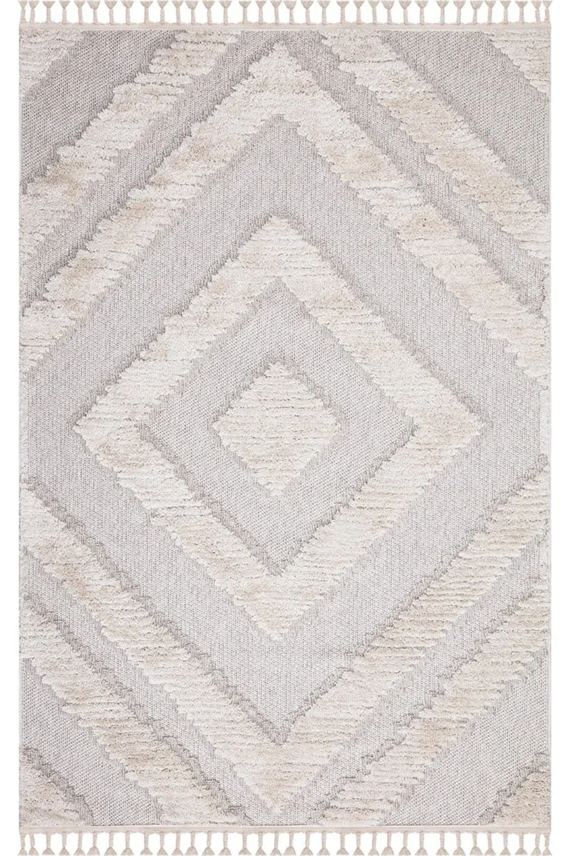 Tapis géométrique motif losange à franges gris et beige 140x200 cm