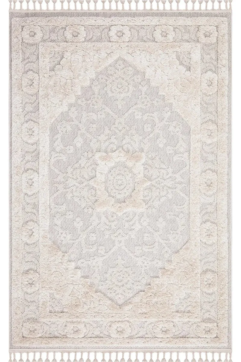 Tapis oriental à franges beige et gris 140x200 cm