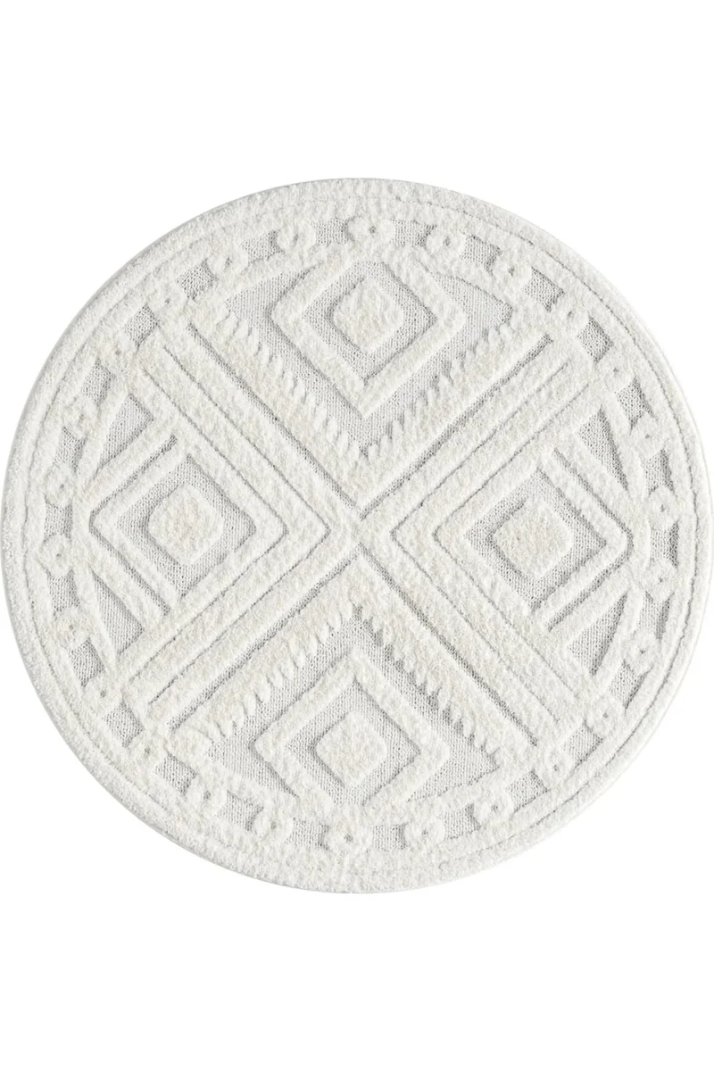 Tapis ethnique texturé rond blanc 200 cm de diamètre