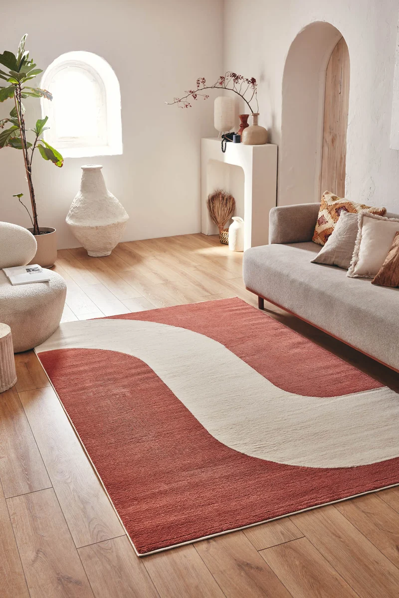Tapis de salon à poils ras motif vague brun : NEL794BRU
