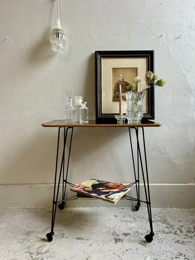 Desserte vintage Mid-Century à roulettes bois et métal noir