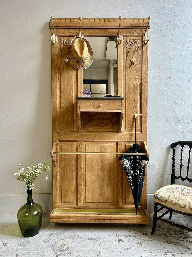 Vestiaire / Porte-manteau d’entrée Art Déco en chêne avec miroir