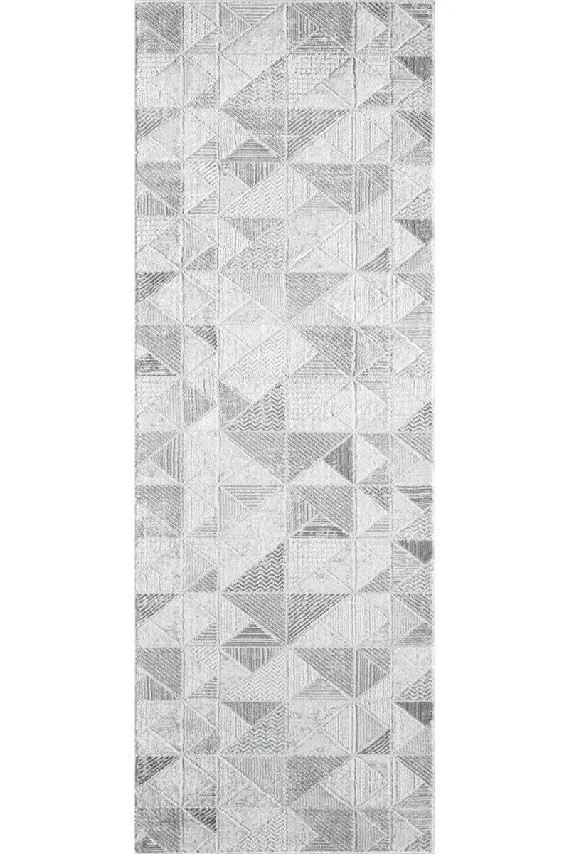 Tapis géométrique de couloir blanc et argent 80x300 cm