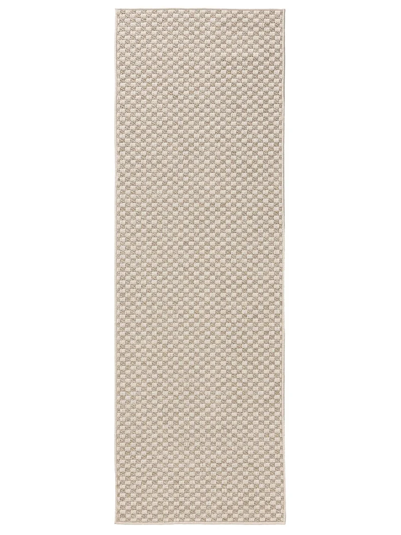 Tapis géométrique tressé à carreaux de couloir crème et gris d'intérieur et d'extérieur 77x240 cm