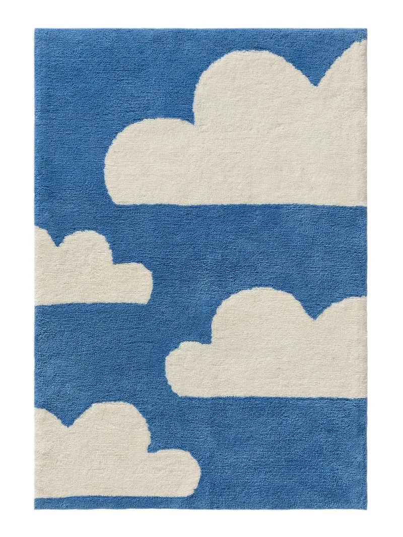 Tapis moderne motif nuage enfant bleu et blanc en laine 160x230 cm