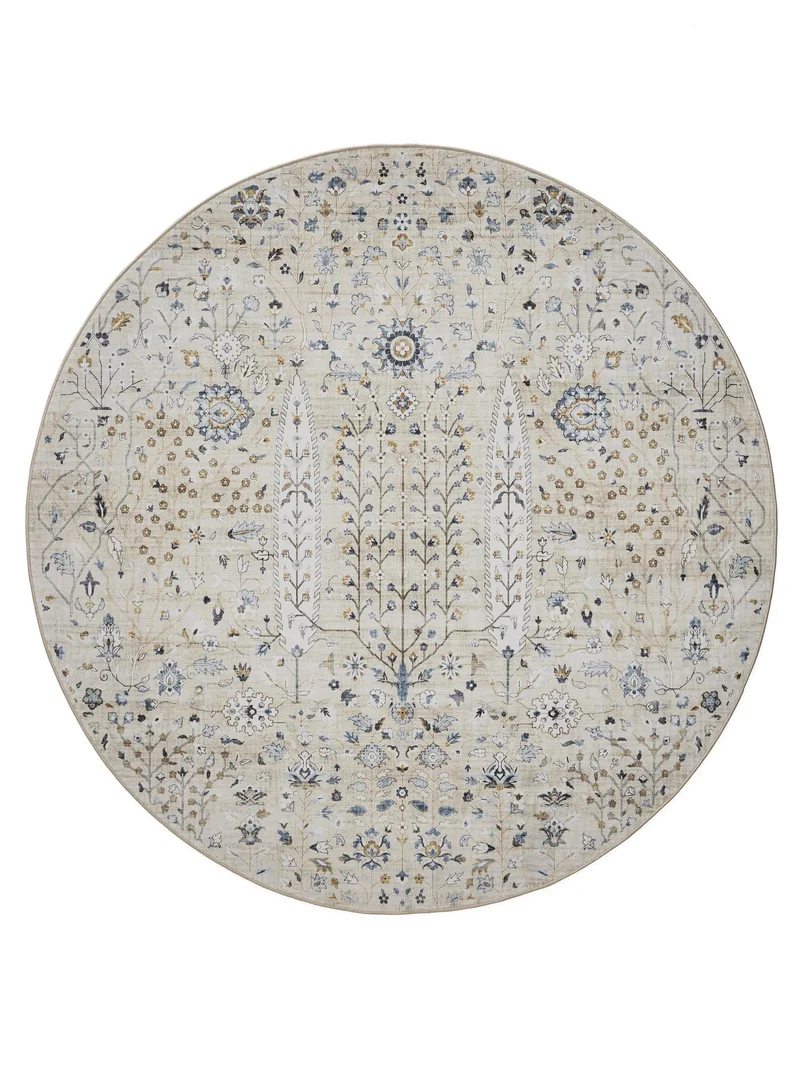 Tapis à fleurs rond beige lavable 160 cm de diamètre
