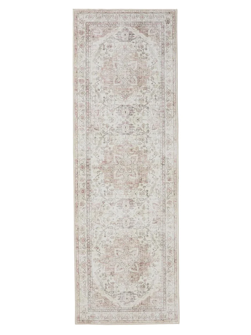 Tapis vintage de couloir beige et rose lavable 80x240 cm
