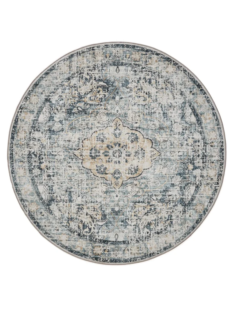 Tapis vintage motif floral rond beige et bleu lavable 120 cm de diamètre