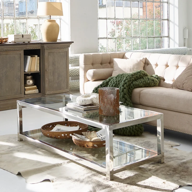 Table basse LOBERON Clayton en verre et inox argenté