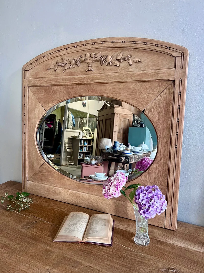 Miroir biseauté décor floral en chêne