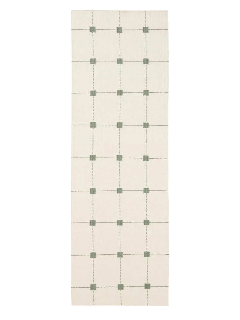 Tapis géométrique style minimaliste descente de lit blanc et vert en laine 70x200 cm