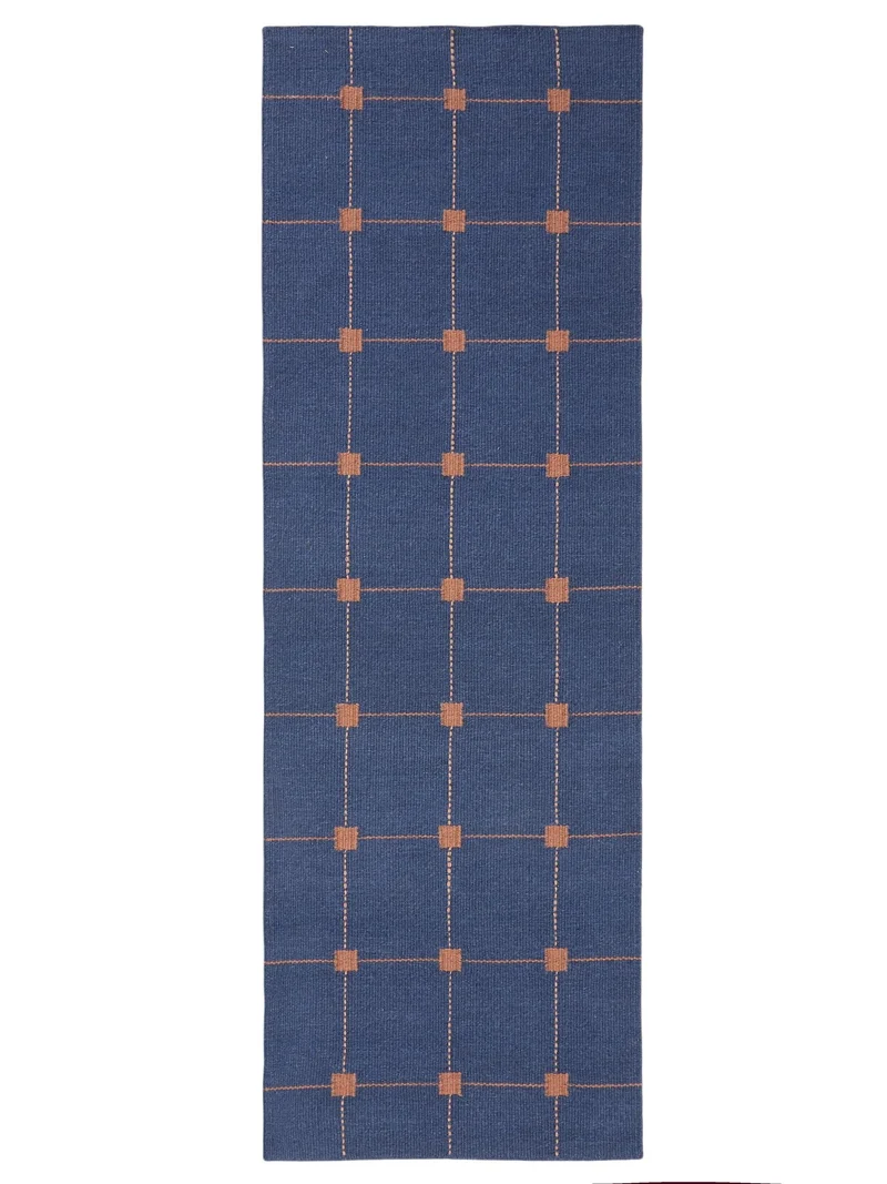 Tapis géométrique style minimaliste descente de lit bleu et marron en laine 80x250 cm