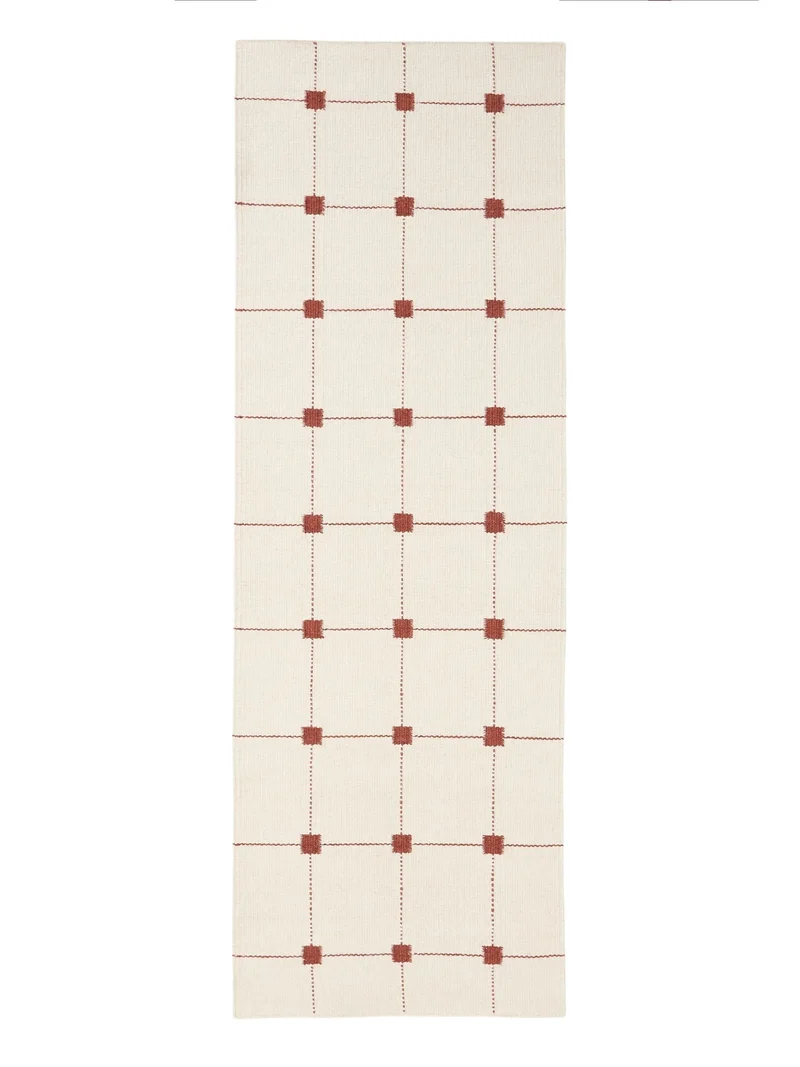 Tapis géométrique style minimaliste descente de lit blanc et rouge en laine 80x250 cm