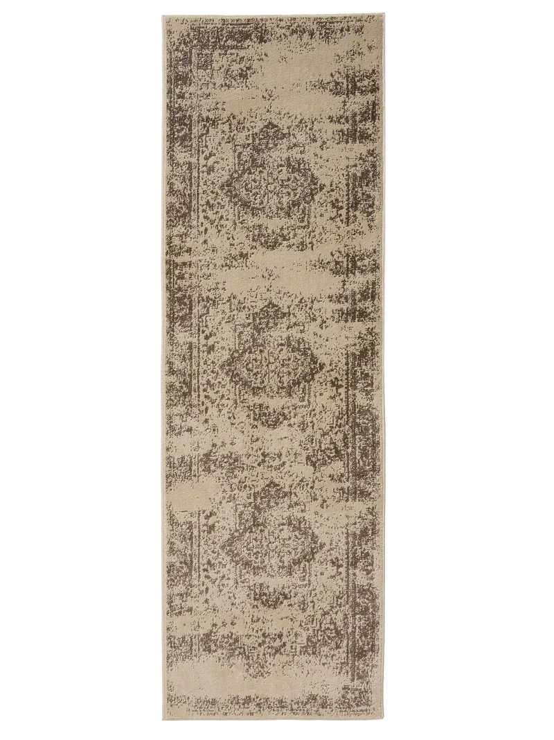 Tapis vintage oriental de couloir crème et marron 80x240 cm