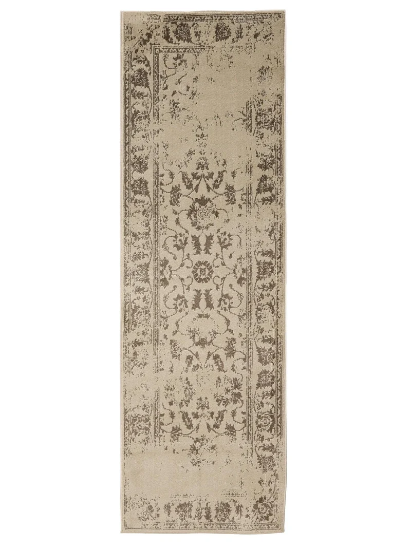 Tapis vintage motif floral de couloir crème et marron 80x240 cm
