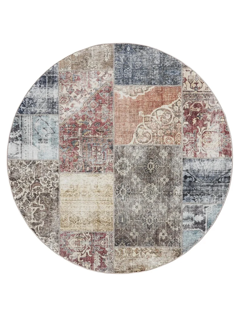 Tapis patchwork vintage rond multicolore lavable 120 cm de diamètre