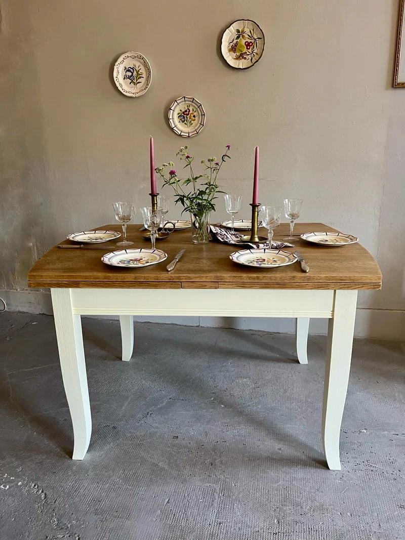 Tables ancienne bois et beige avec allonges