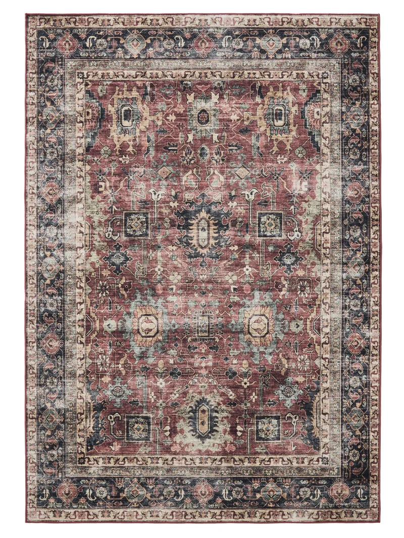 Tapis vintage motif ethnique bordeaux et noir lavable 160x230 cm