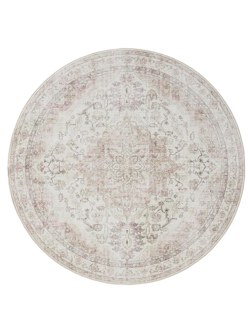 Tapis vintage rond beige et rose lavable 160 cm de diamètre