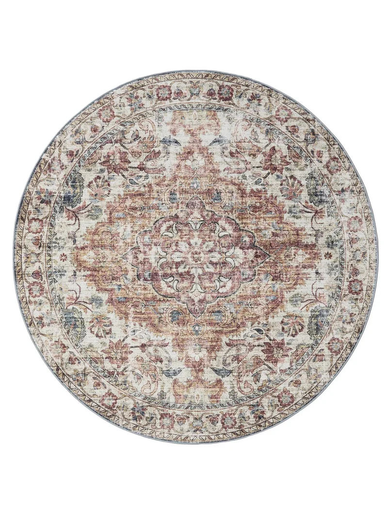 Tapis vintage motif oriental rond multicolore tons beige lavable 120 cm de diamètre