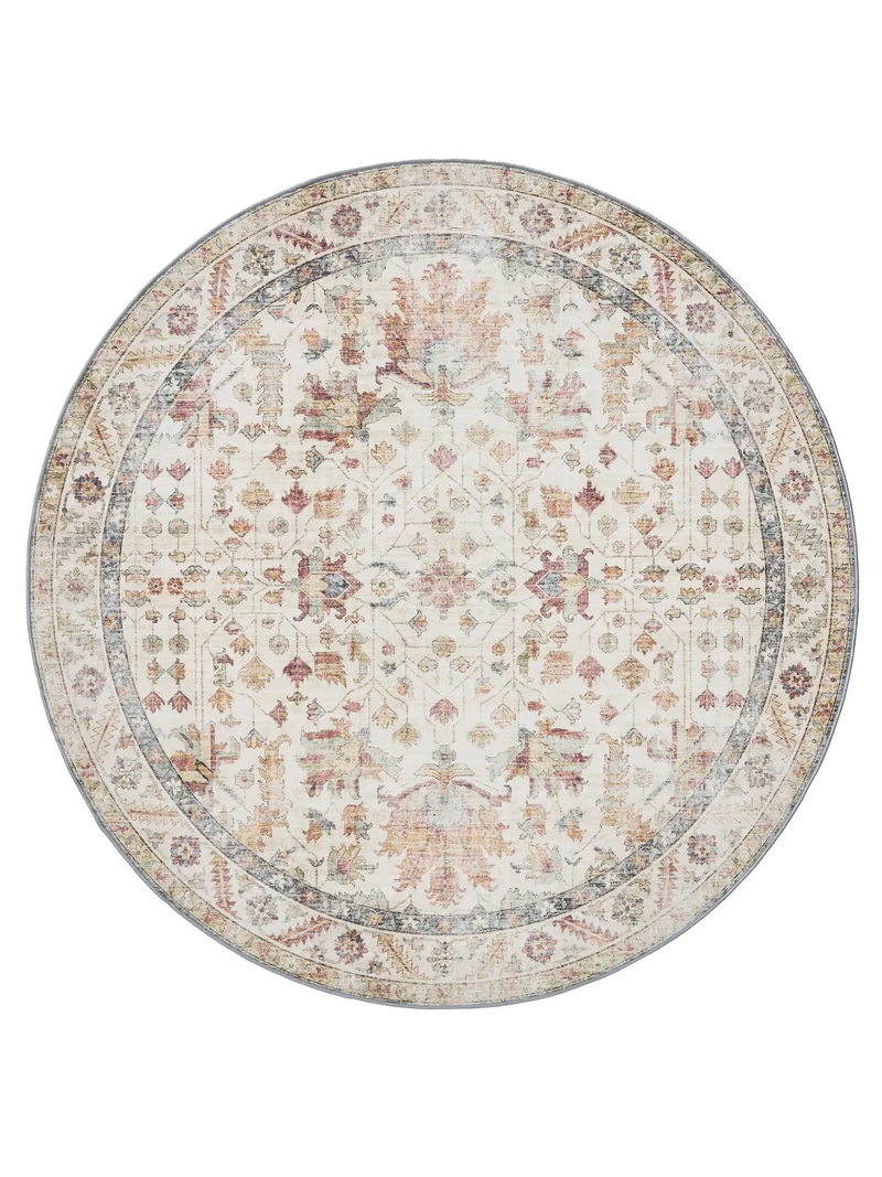 Tapis vintage motif floral rond beige et multicolore lavable 160 cm de diamètre