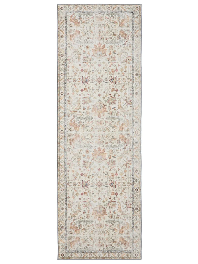 Tapis vintage motif floral de couloir beige et multicolore lavable 80x240 cm