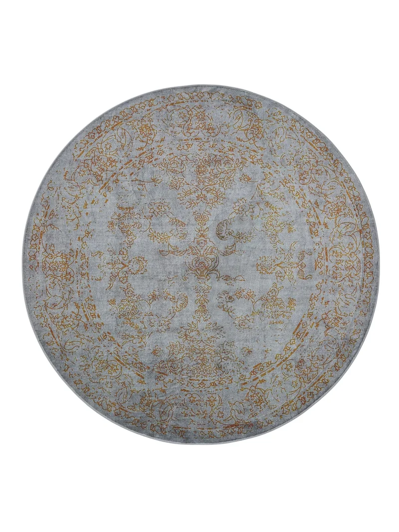 Tapis vintage oriental rond gris et orange lavable 160 cm de diamètre