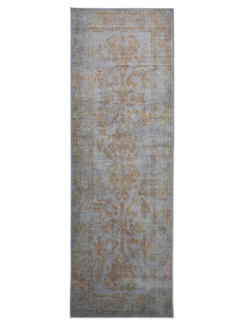 Tapis vintage oriental de couloir gris et orange lavable 80x240 cm