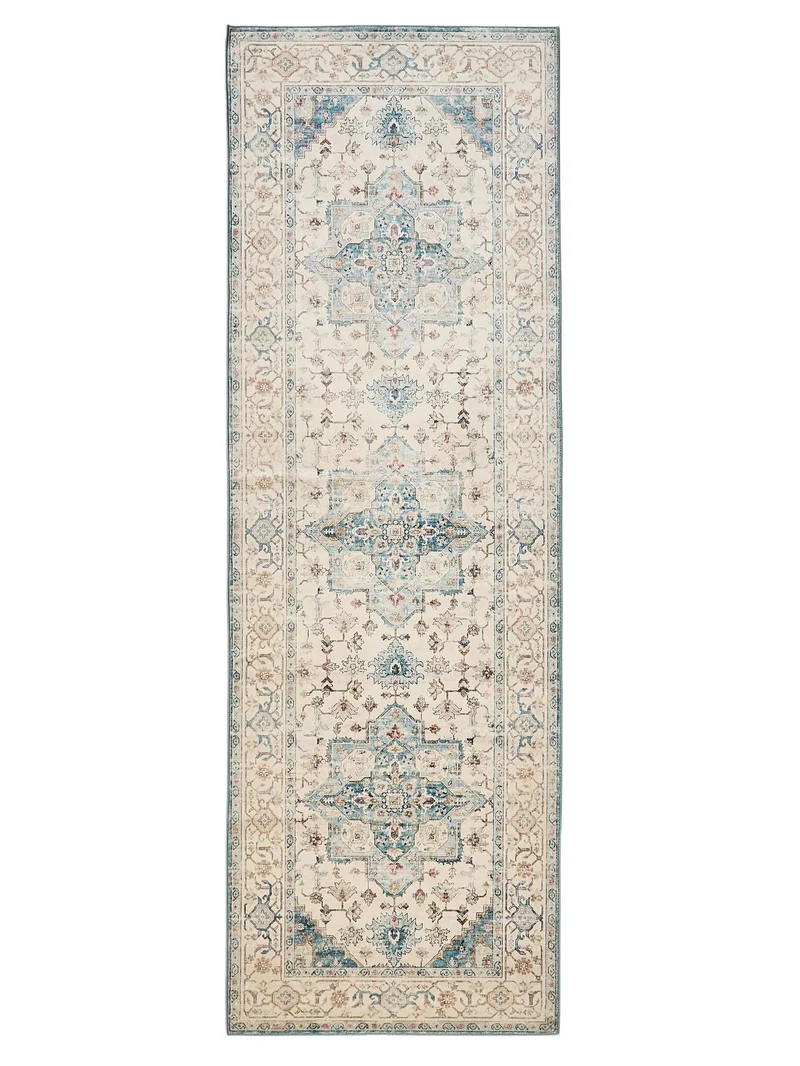 Tapis vintage oriental de couloir beige et bleu lavable 80x240 cm