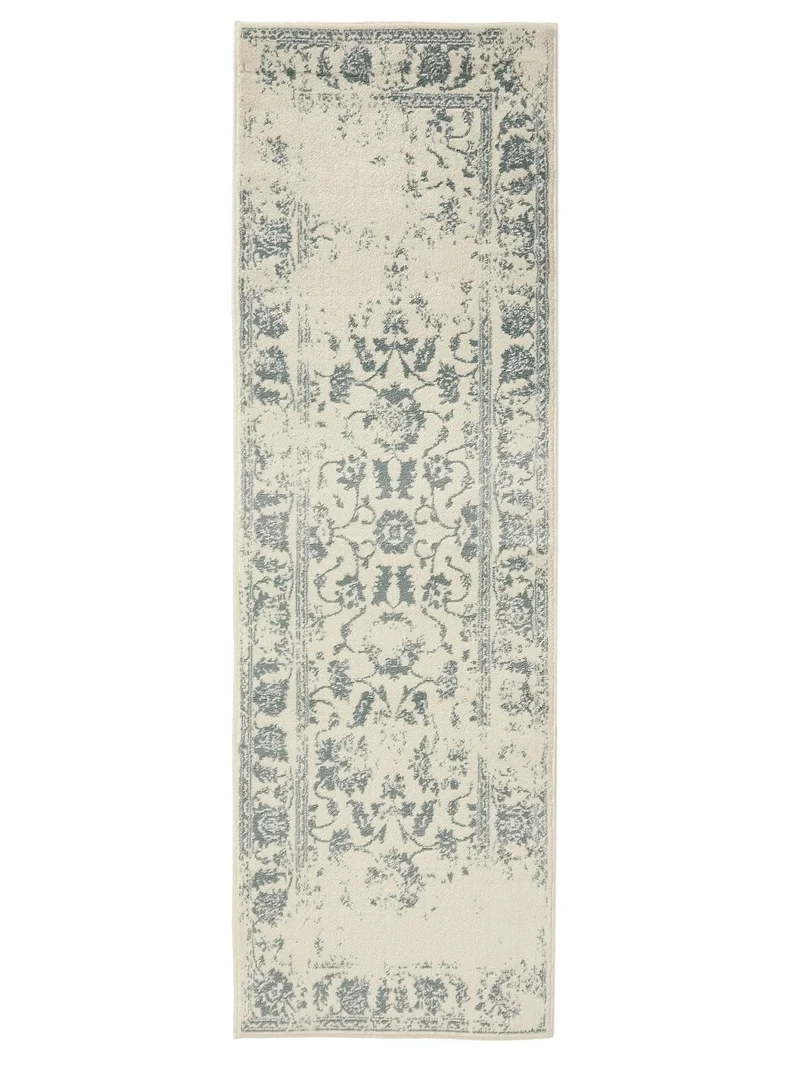 Tapis vintage motif floral de couloir beige et vert 80x240 cm