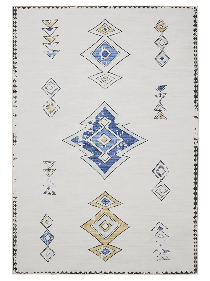 Tapis ethnique inspiration berbère beige et bleu lavable 300x400 cm