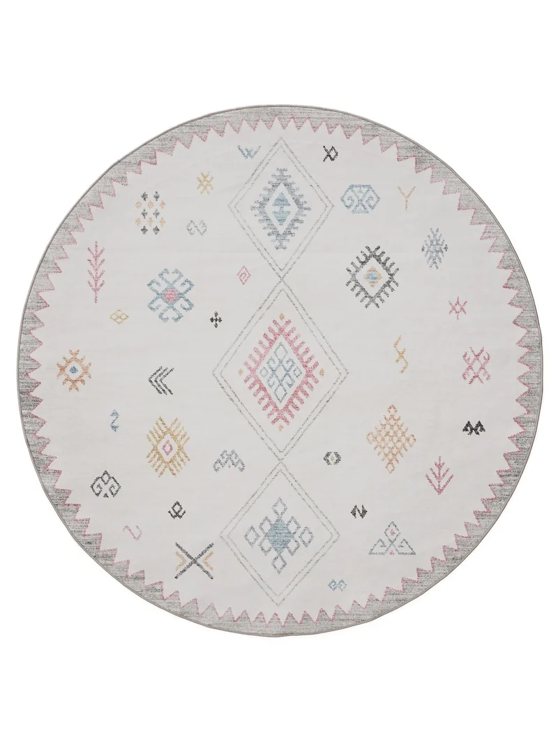 Tapis ethnique inspiration berbère rond multicolore lavable 120 cm de diamètre