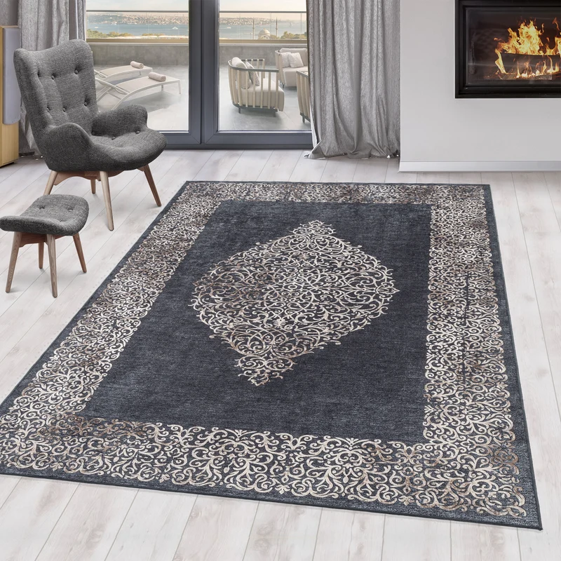 FIESTA - Tapis baroque médaillon noir - FIE4303NOI